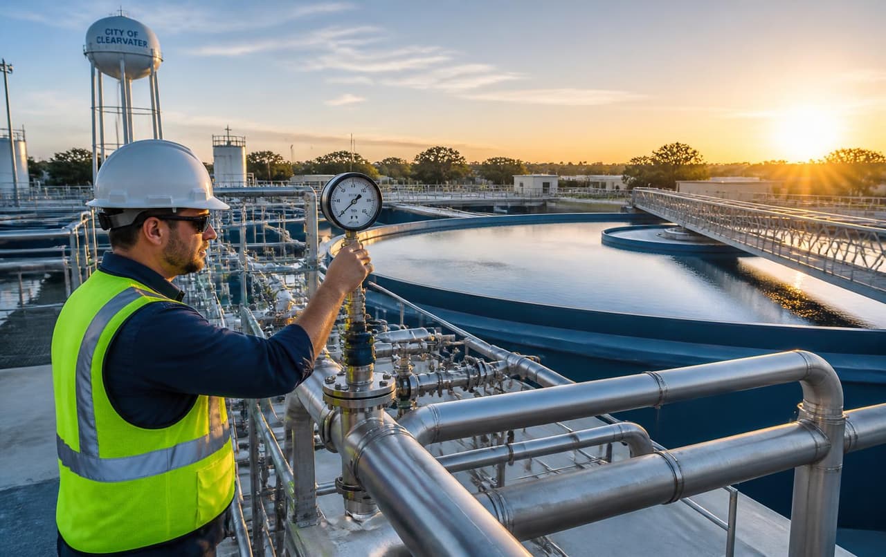Water operator inspecting equipment at a municipal treatment plant